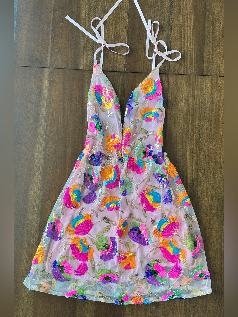 Sequined Sleeveless Deep V-Neck Mini Dress Size Small Light Pink Multi Pastel